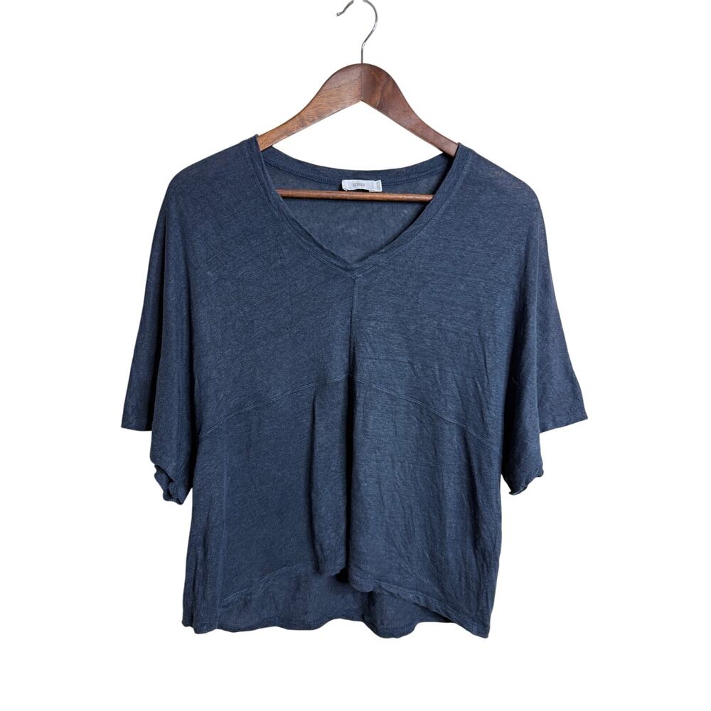 CLOSED 100% Linen V-Neck Short Sleeve Top Navy Blue Boxy Tee XS Portugal